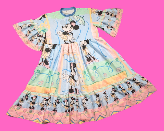 Robe longue Minnie Mouse vintage des années 1990, faite à la main et recyclée, couleurs pastel, taille S à XL