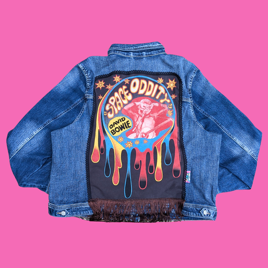 David Bowie, Space Oddity, Upcycled T-Shirt Denim Jacket Size 2XL for Women