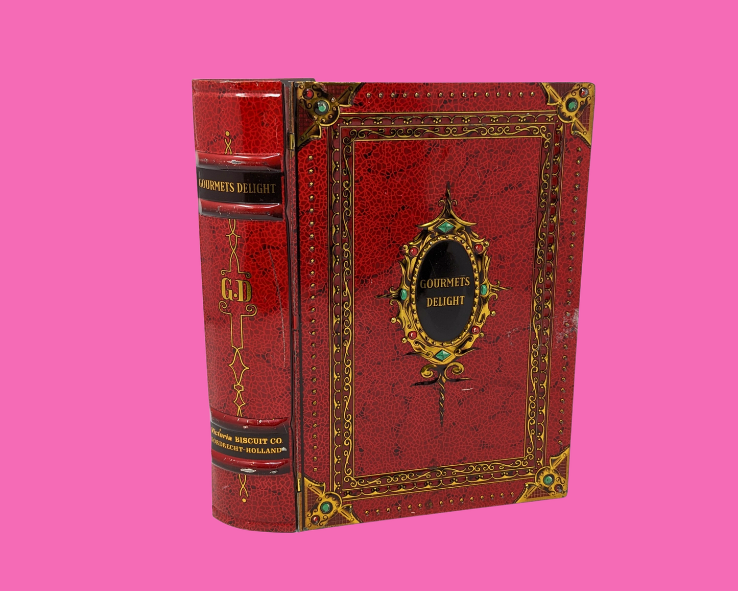 Boîte métallique rouge vintage Gourmets Delight des années 1970, en forme de livre