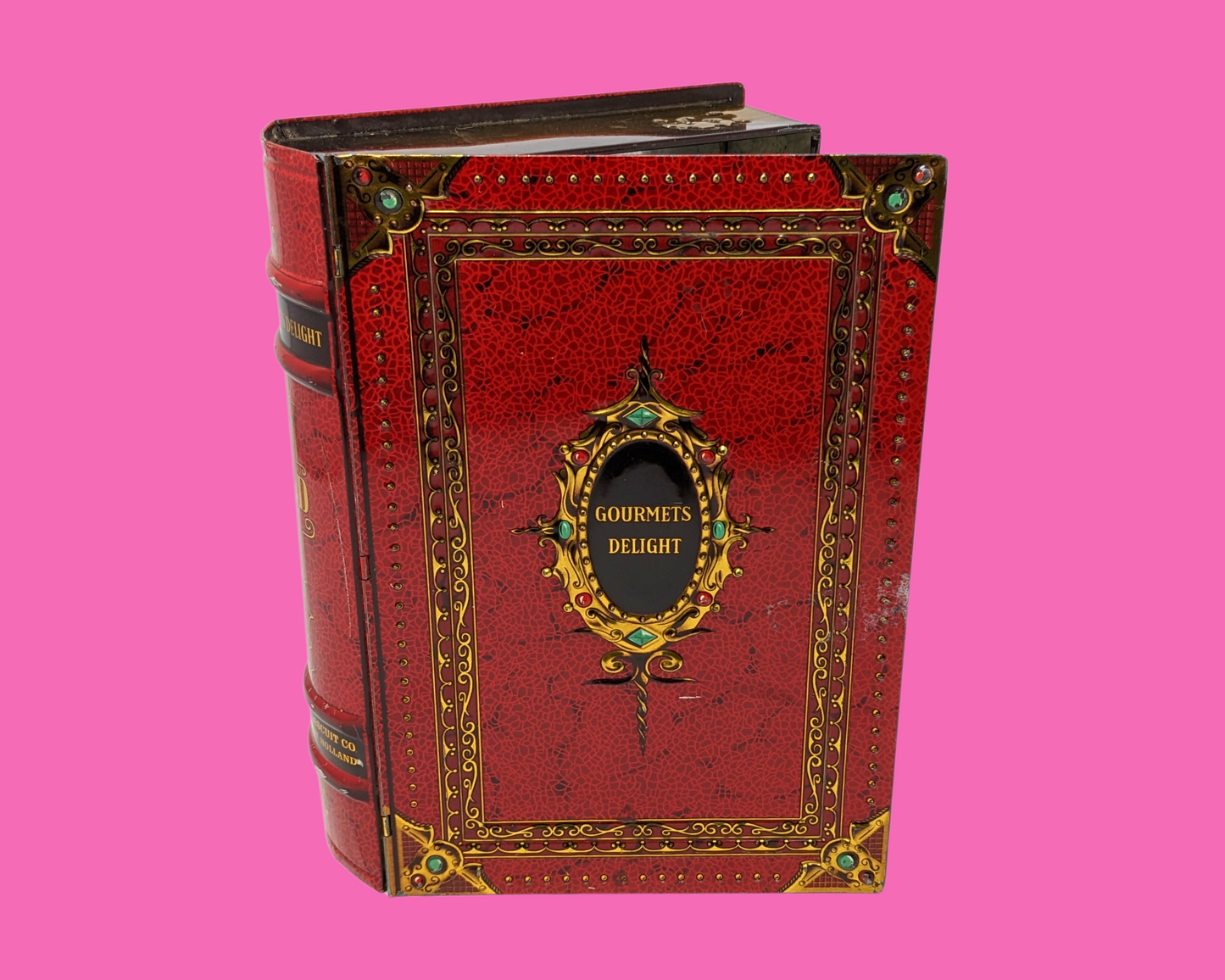 Boîte métallique rouge vintage Gourmets Delight des années 1970, en forme de livre