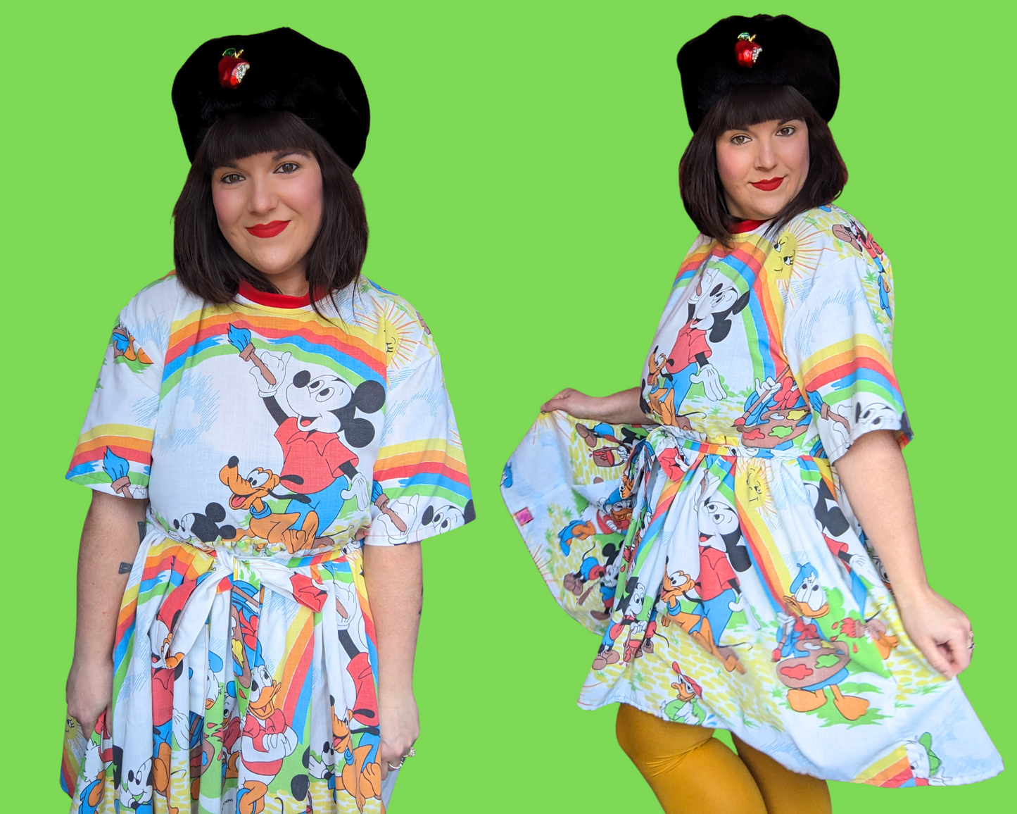 Robe t-shirt drapée et recyclée vintage Walt Disney des années 1980, motif Mickey Mouse et ses amis, taille S à XL