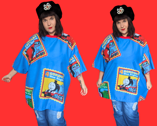T-shirt drap de lit Thomas la locomotive bleue fait main et recyclé, taille XL
