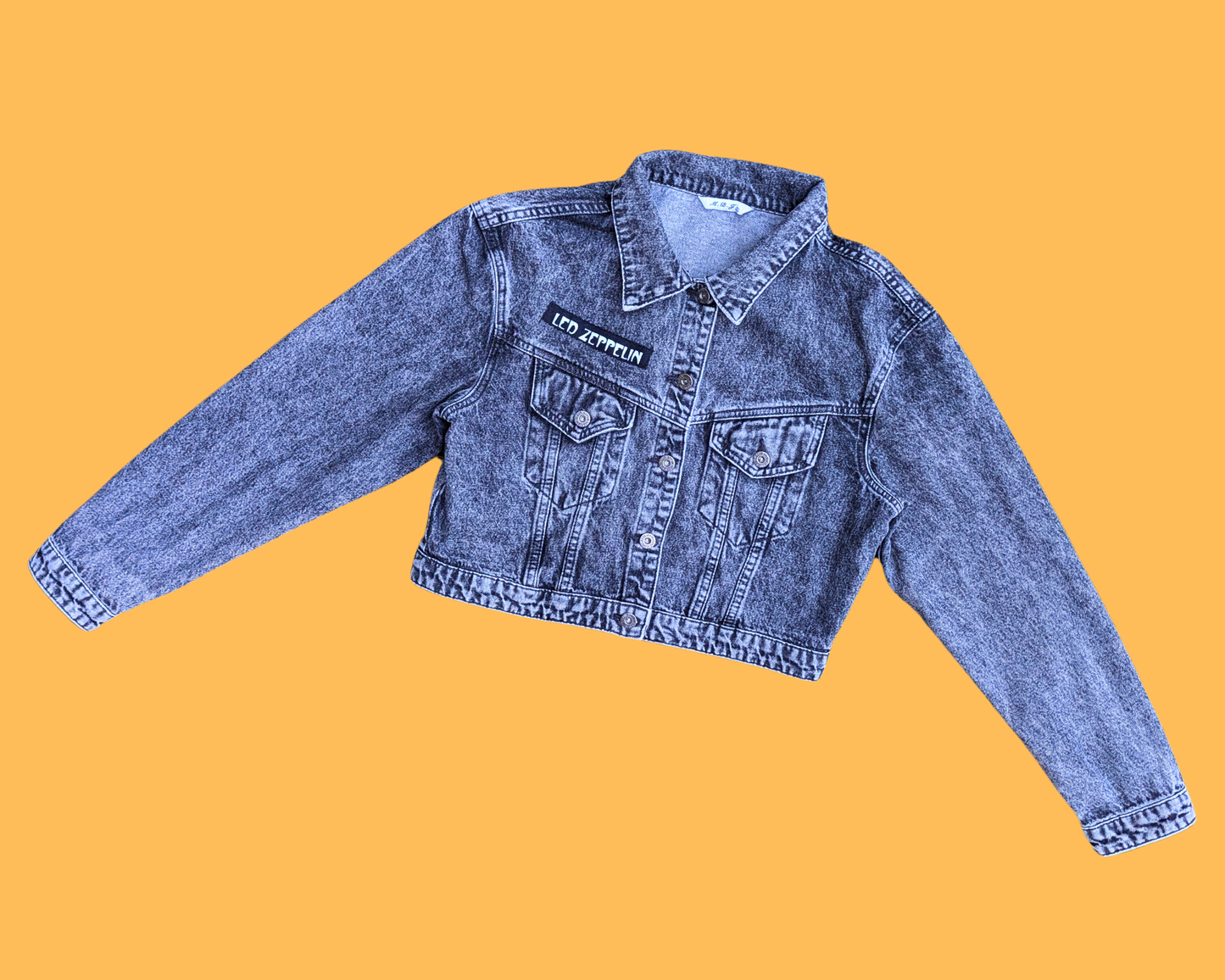Veste en jean noir Led Zeppelin faite main et recyclée, taille S