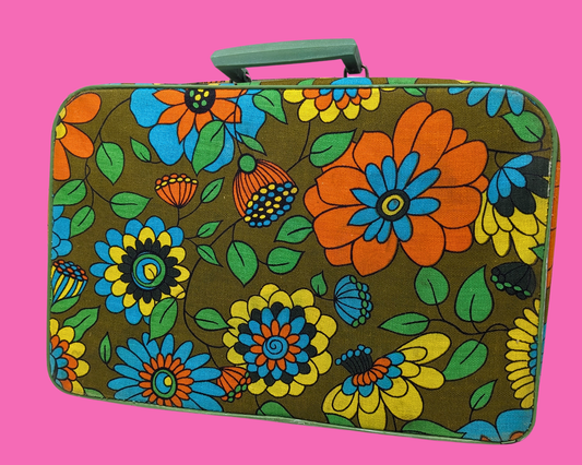 Petite valise vintage à motifs floraux verts, orange, bleus et jaunes des années 1960