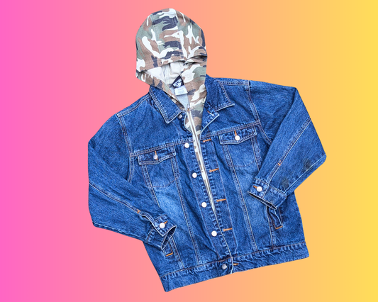 Handmade, Upcycled Led Zeppelin Denim Jacket with Hoodie Size L