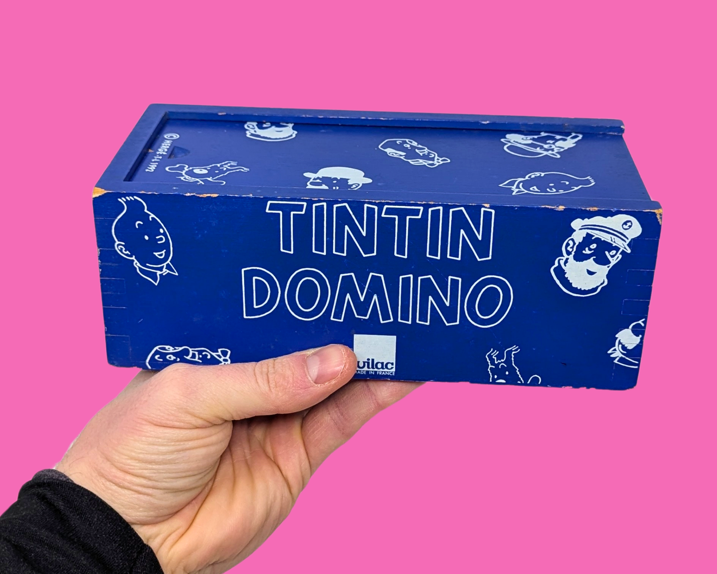 Boîte en bois vide Tintin bleu Y2K, Domino