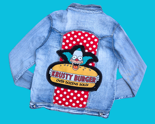 Veste en jean Krusty Burger des Simpsons, fabriquée à la main et recyclée, taille L
