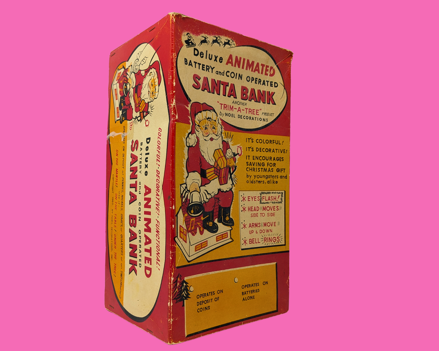 Tirelire Père Noël animée de luxe vintage des années 1960, fonctionnant sur piles et pièces, fabriquée au Japon, non testée