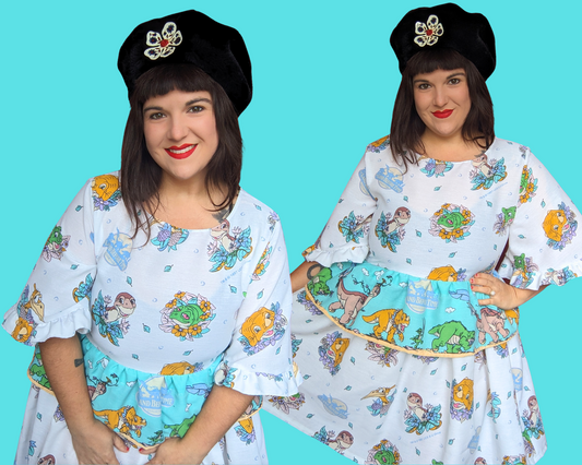 Robe drap de lit faite à la main et recyclée, film Le Petit Dinosaure, taille L