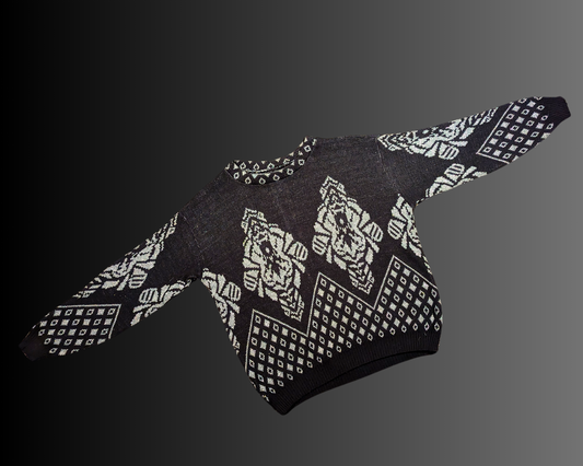 Pull vintage en tricot noir et gris scintillant des années 1980, taille L
