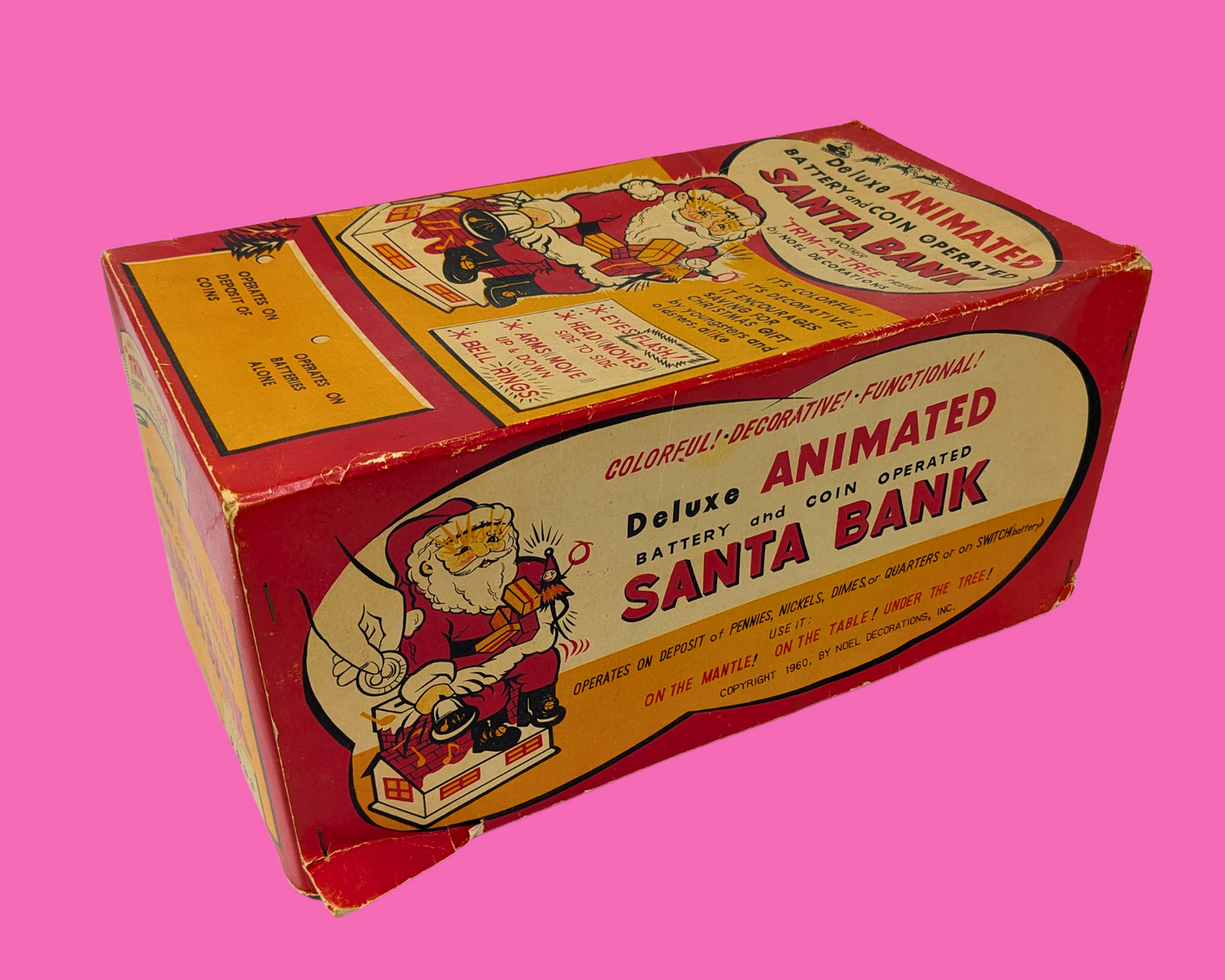 Tirelire Père Noël animée de luxe vintage des années 1960, fonctionnant sur piles et pièces, fabriquée au Japon, non testée