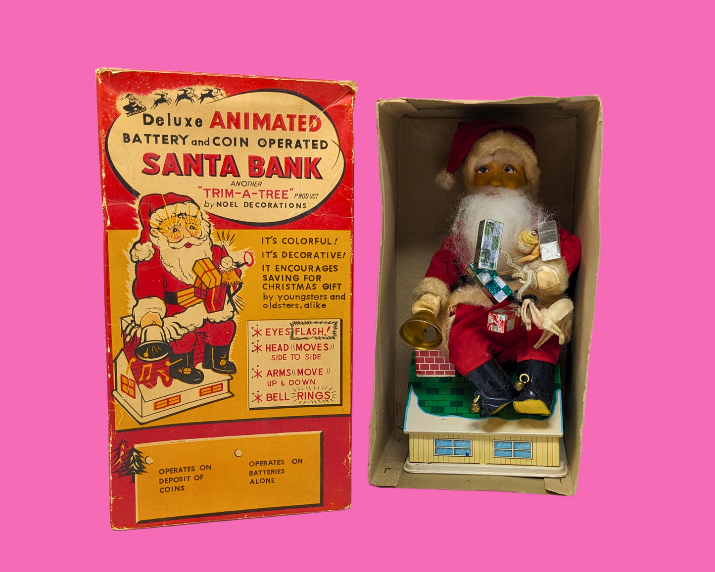 Tirelire Père Noël animée de luxe vintage des années 1960, fonctionnant sur piles et pièces, fabriquée au Japon, non testée