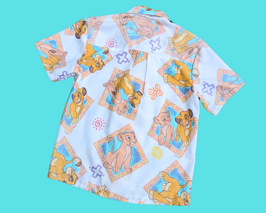 Handmade, Upcycled Vintage The Lion King Bedsheet Short Sleeve Button Down T-Shirt S