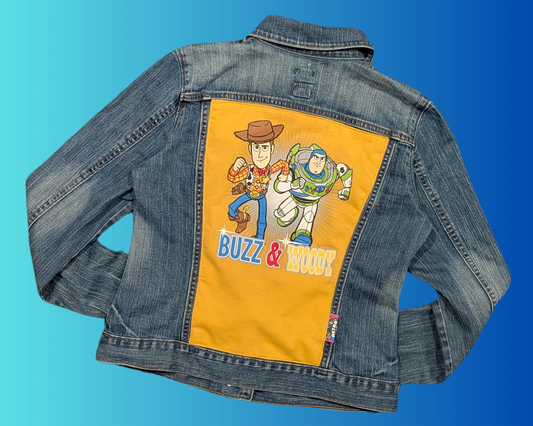 Veste en jean Toy Story, Buzz et Woody, faite à la main et recyclée, taille S