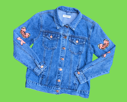 Handmade, Upcycled Cheshire Cat from Alice in Wonderland Denim Jacket Size 8 (M)