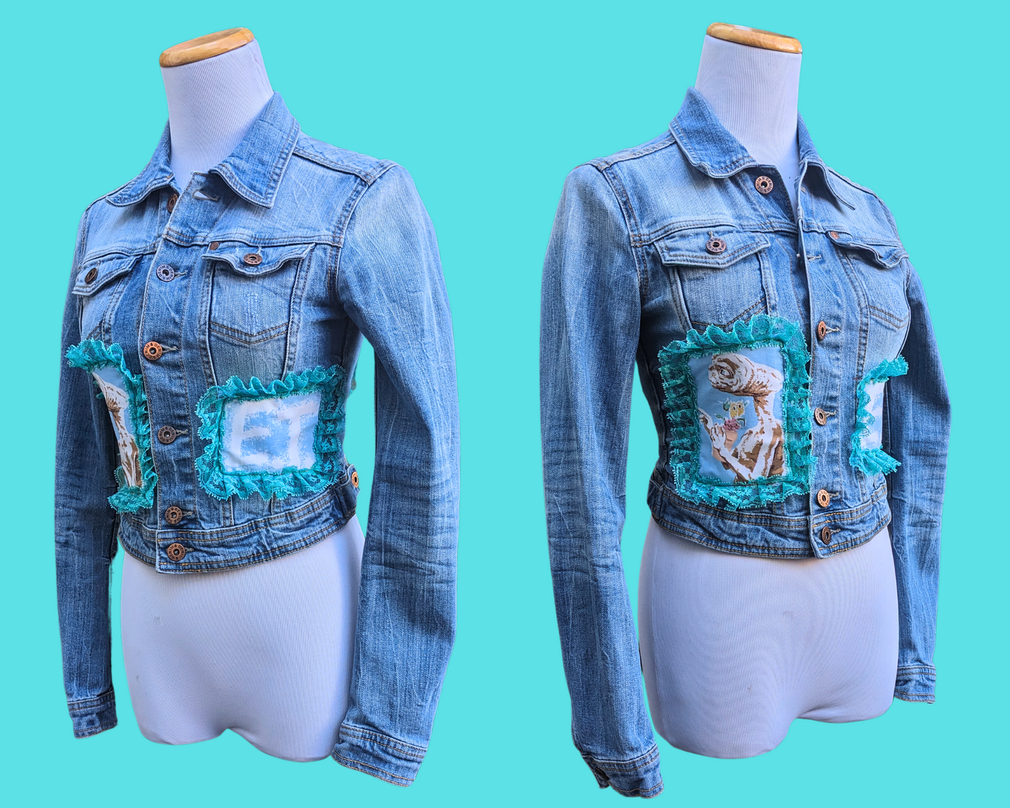 Veste en jean recyclée et faite à la main, rapiécée avec des chutes de draps ET Taille S