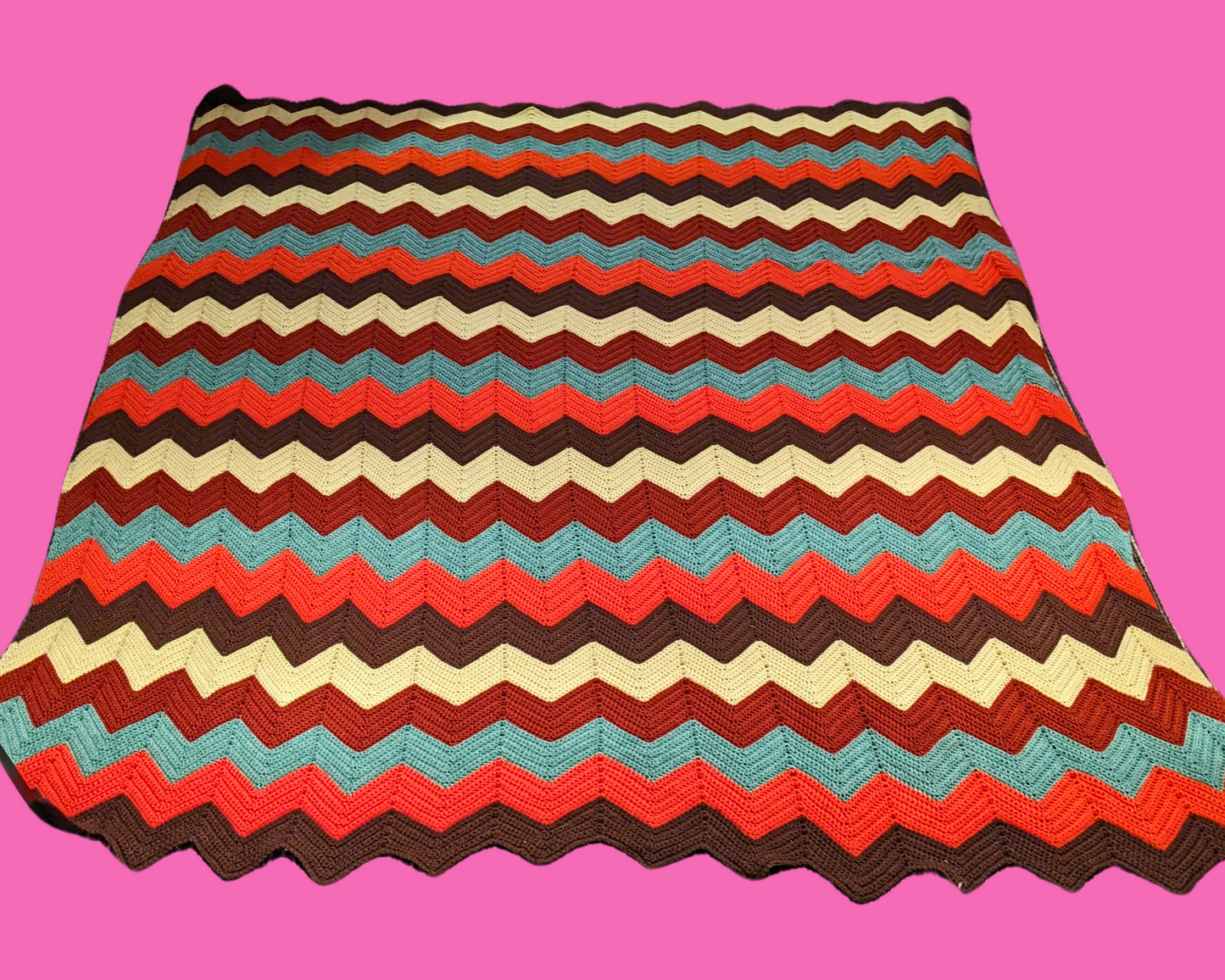 Vintage 1980's Orange, Brown, Green and Yellow Wool Huge Crochet Blanket