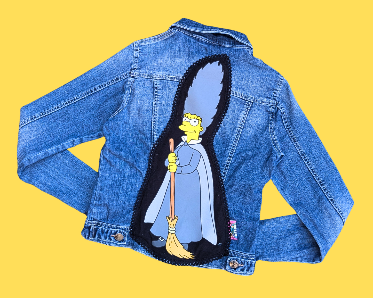 Handmade, Upcycled Madge Simpson The Witch Denim Jacket Size XS