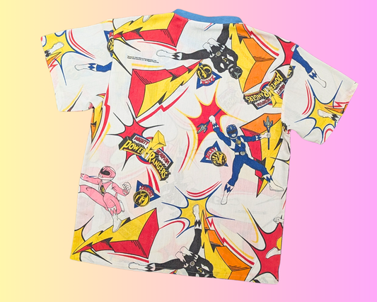 Handmade, Upcycled Vintage 1990's Power Rangers Bedsheet T-Shirt Oversized XS - Fits Like A Size M