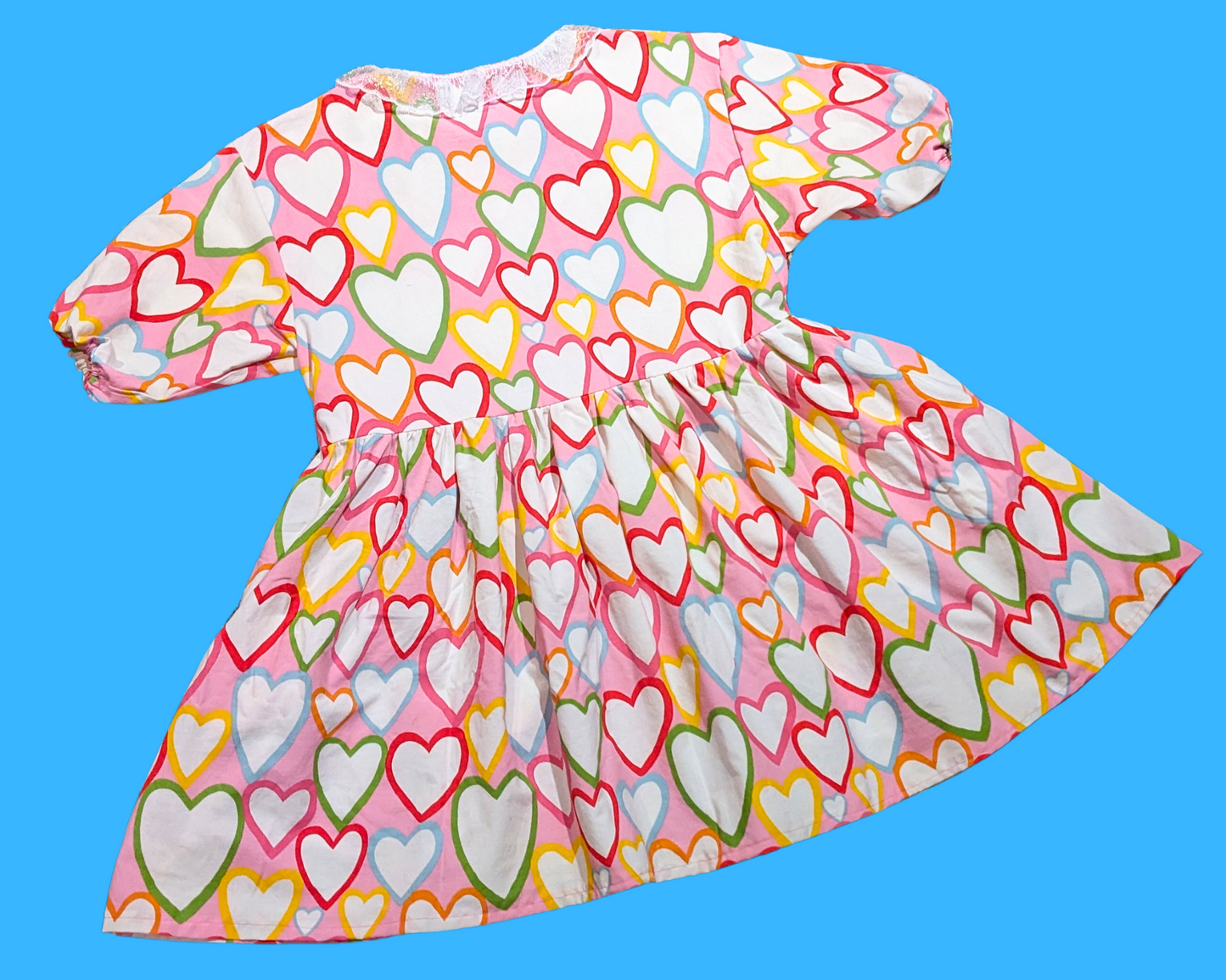 Handmade, Upcycled Vintage Rainbow Hearts Bedsheet T-Shirt Dress Fits S-M-L-XL