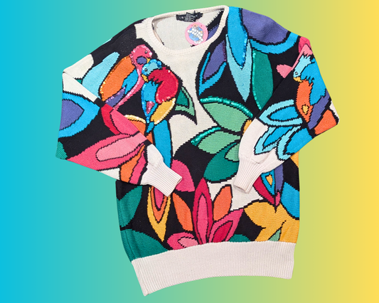 Vintage 1980's Colorful, Animal Design, Crochet Sweater T-Shirt Size L