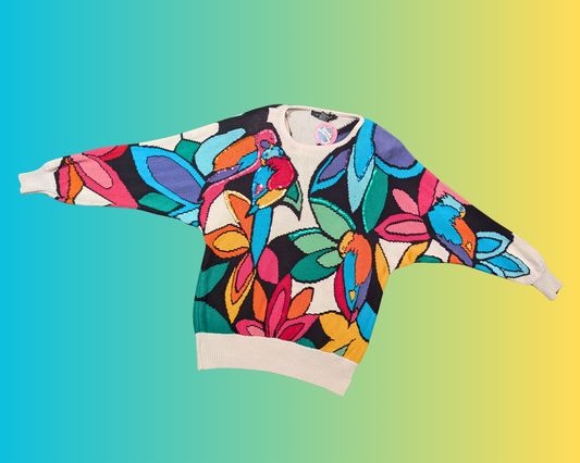 Vintage 1980's Colorful, Animal Design, Crochet Sweater T-Shirt Size L