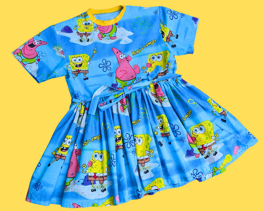 Handmade, Upcycled Sponge Bob Square Pants Bedsheet T-Shirt Dress Fits S-M-L-XL