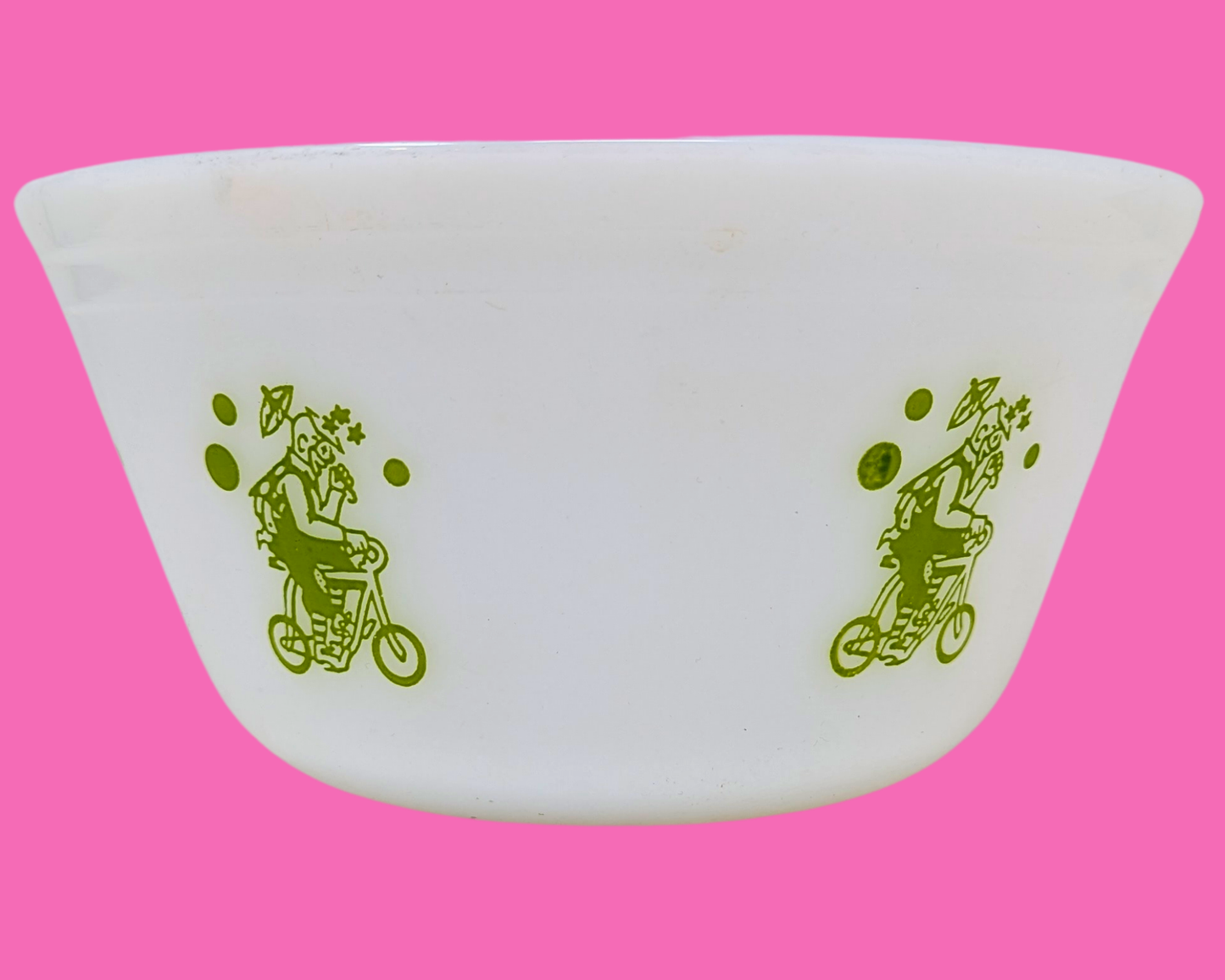 Bol blanc et vert vintage des années 1970, illustrations de clowns à vélo