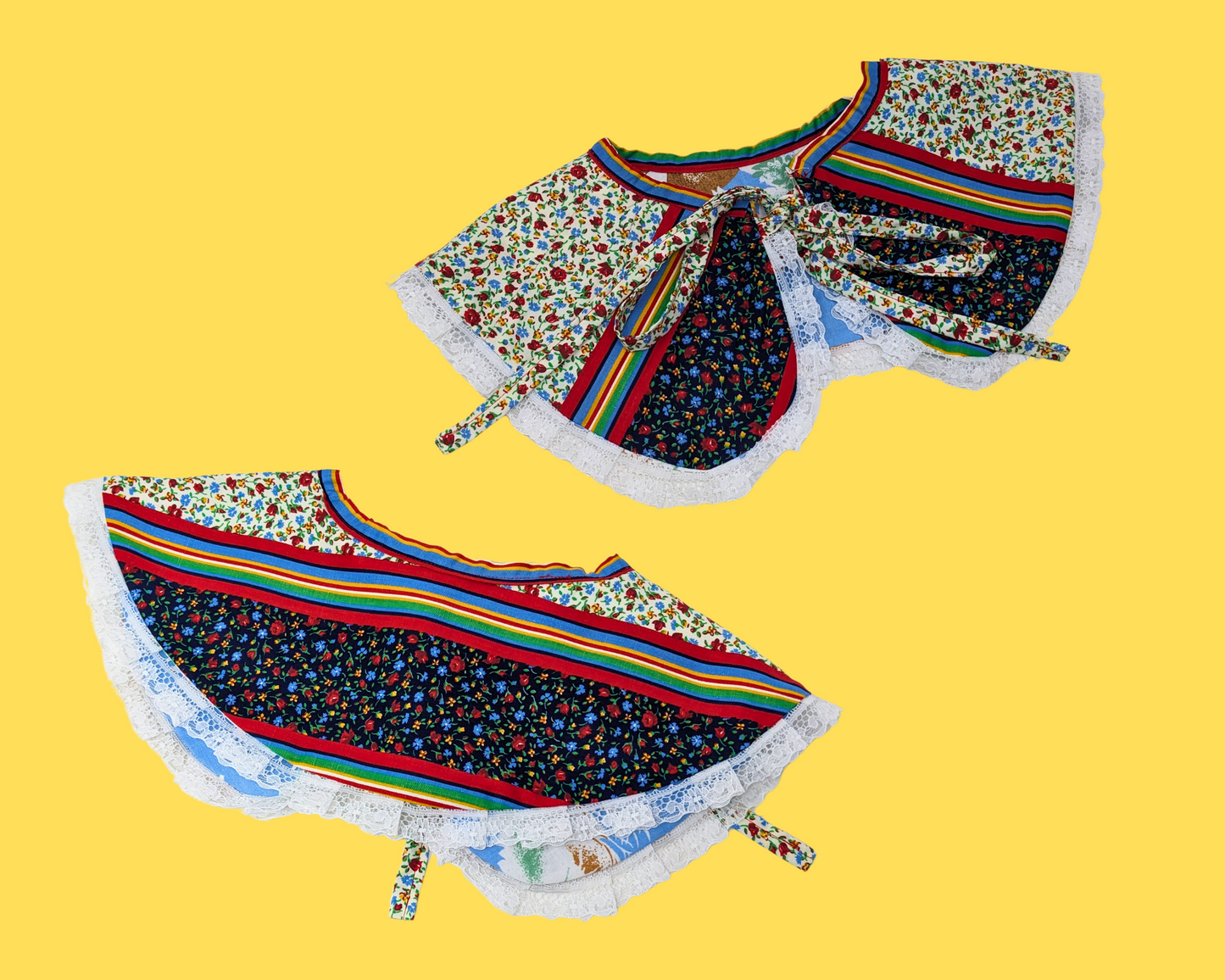 Drap de lit réversible fait main, recyclé et col pèlerin avec volant en dentelle