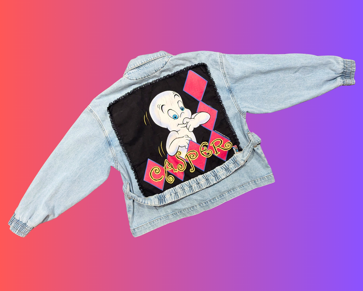 Handmade, Upcycled Casper The Friendly Ghost 1995 T-Shirt Denim Jacket Size EU 38, Medium
