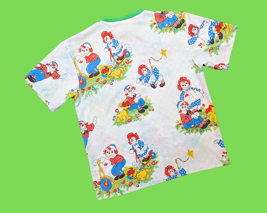 T-shirt vintage des années 1980, fait main et recyclé, avec drap de lit Raggedy Ann et Andy, taille M