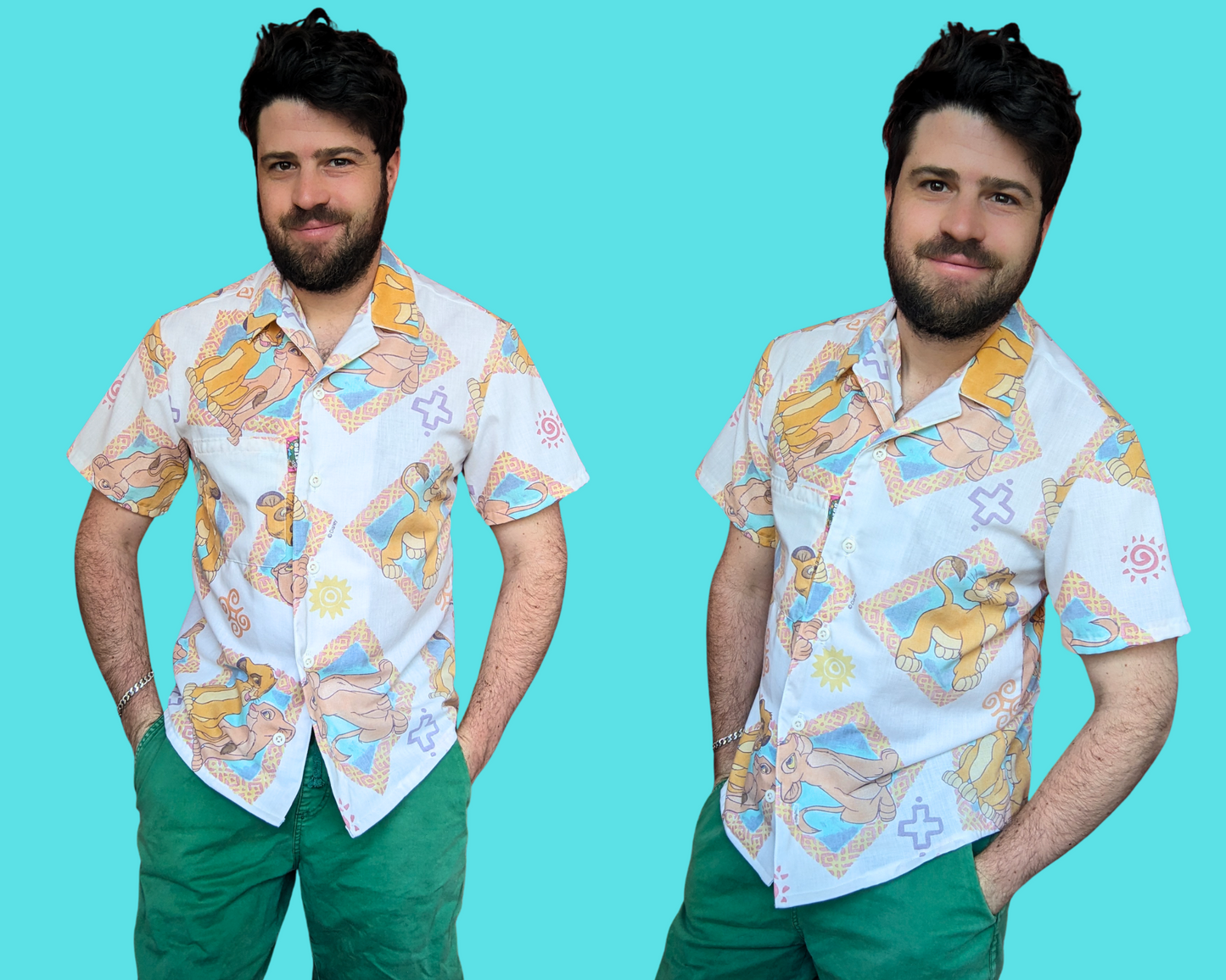 Handmade, Upcycled Vintage The Lion King Bedsheet Short Sleeve Button Down T-Shirt S