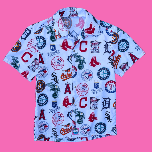 Handmade, Upcycled Baseball Teams Bedsheet Button Down Shirt Size XS