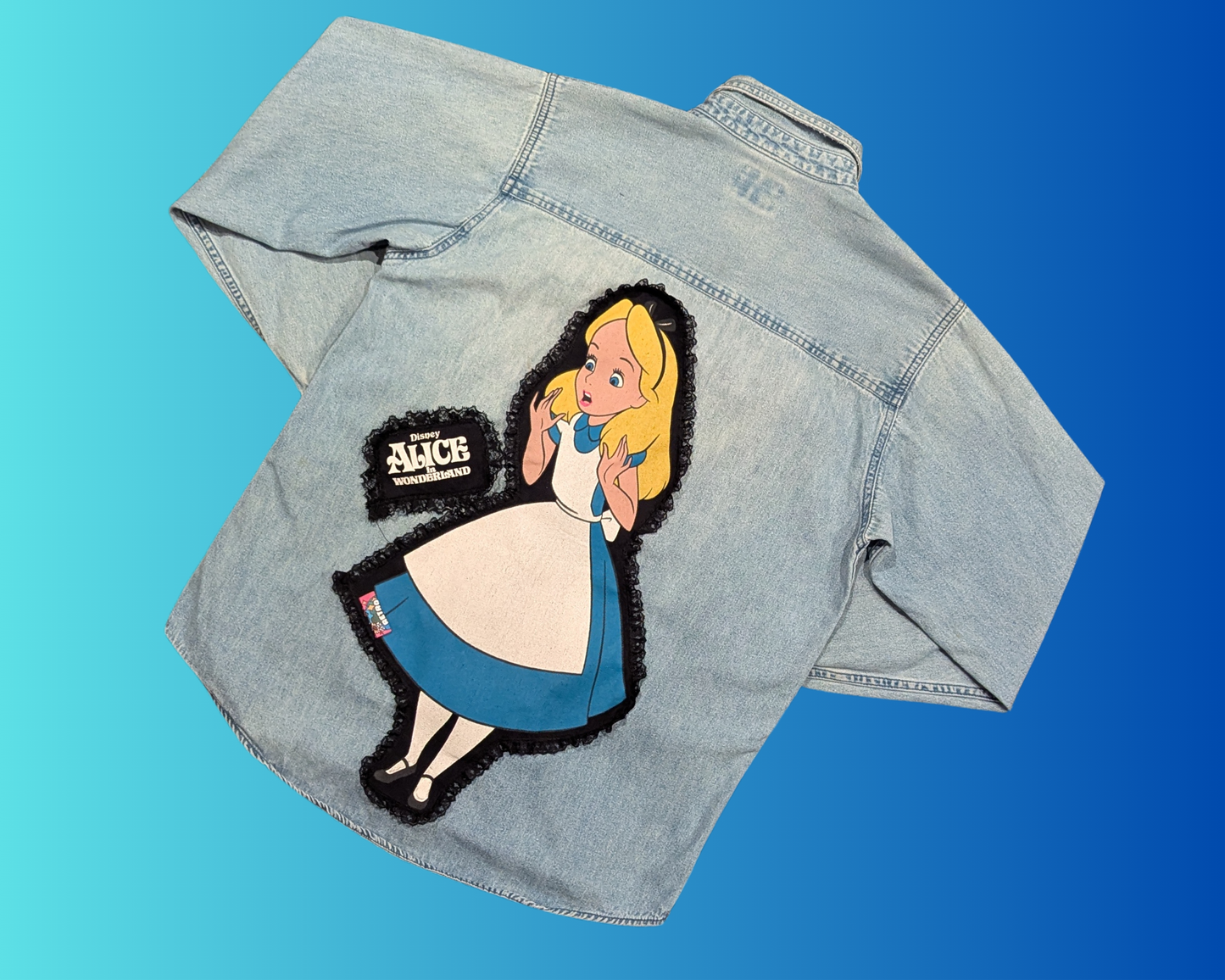 Handmade, Upcycled Alice in Wonderland Denim Shirt Size M-L