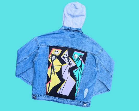 Handmade, Upcycled The Nightmare Before Christmas Hoodie Denim Jacket Size L