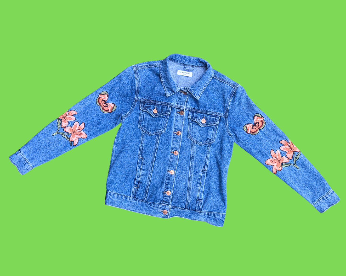 Handmade, Upcycled Cheshire Cat from Alice in Wonderland Denim Jacket Size 8 (M)