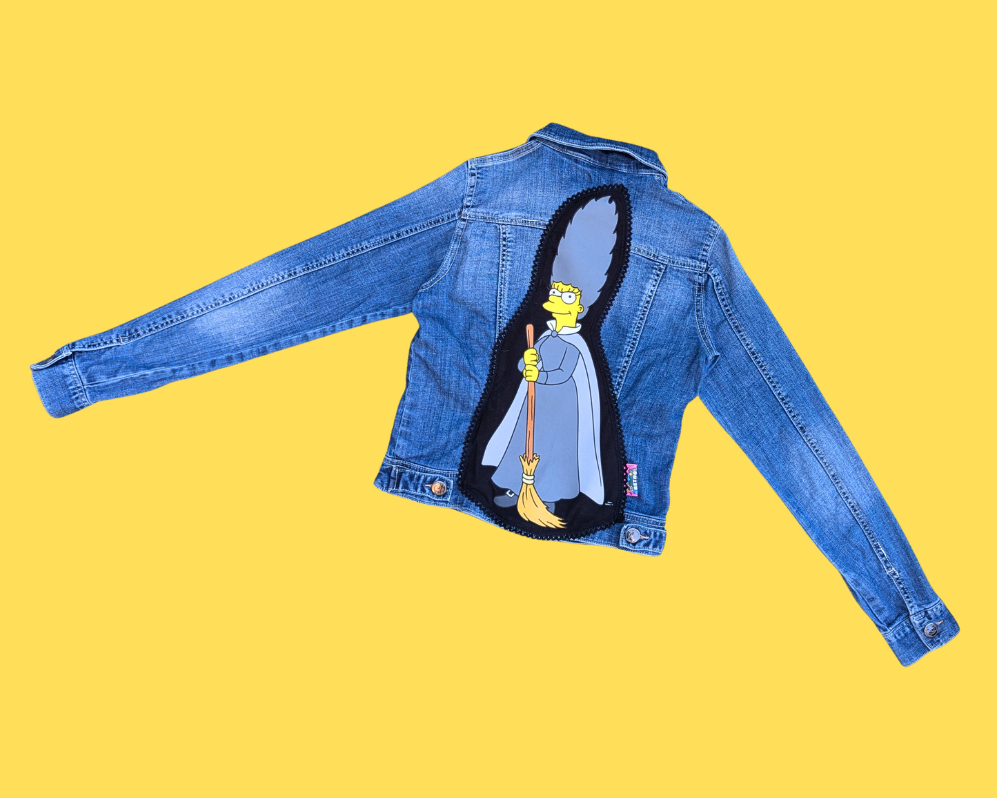 Handmade, Upcycled Madge Simpson The Witch Denim Jacket Size XS