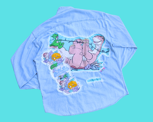 Chemise/veste en jean The Land Before Time, fabriquée à la main et recyclée, taille 2XL