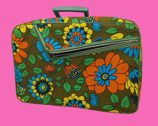Petite valise vintage à motifs floraux verts, orange, bleus et jaunes des années 1960