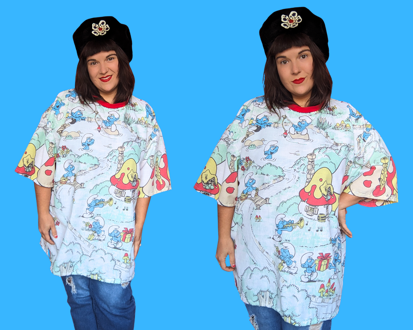 Handmade, Upcycled The Smurfs Bedsheet T-Shirt Oversized XL