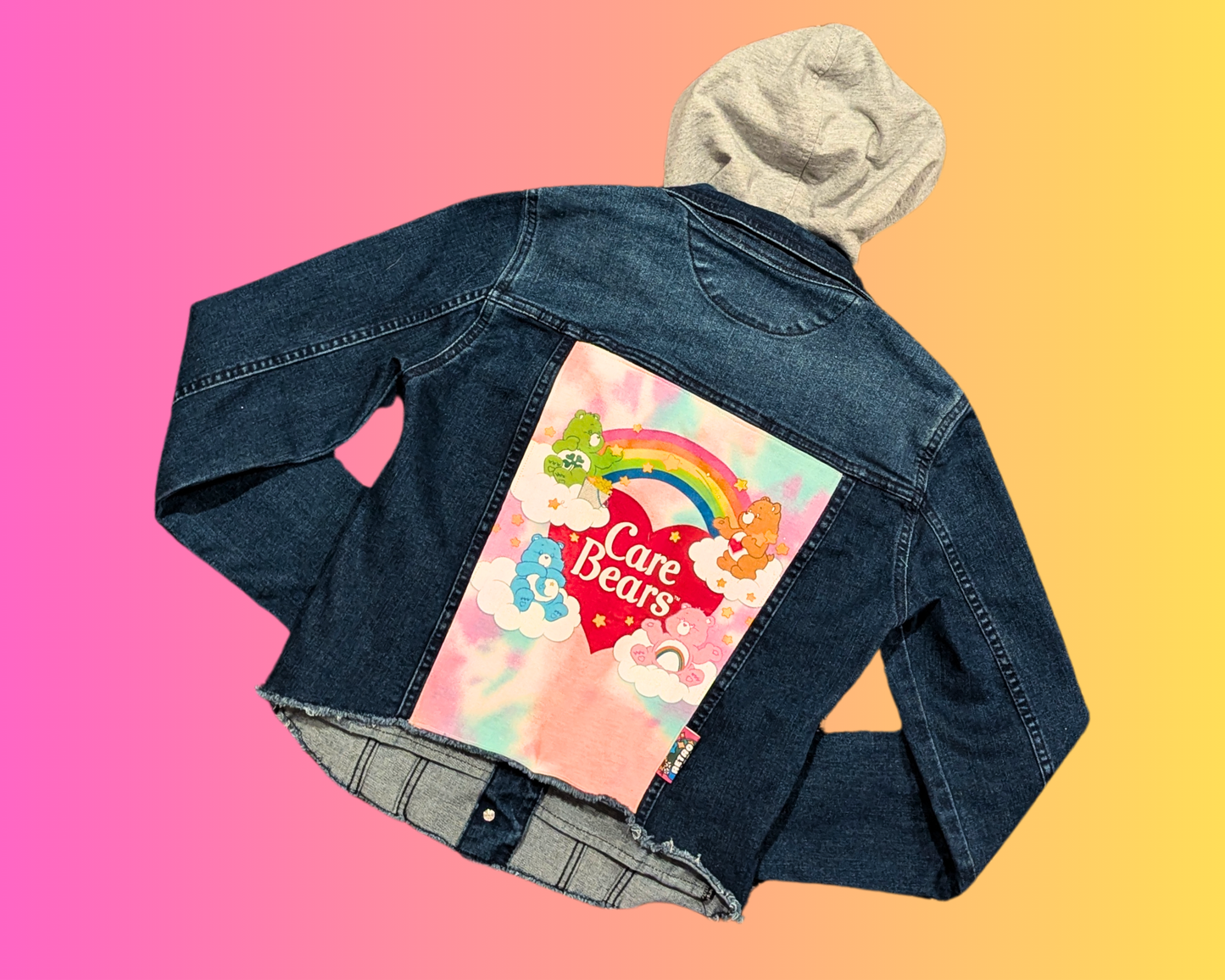 Handmade, Upcycled Care Bears Denim Jacket with Hoodie Size S