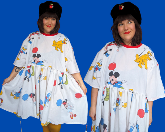 Robe drap de lit Mickey Mouse vintage des années 1980 de Walt Disney, fabriquée à la main et recyclée, taille 2XL