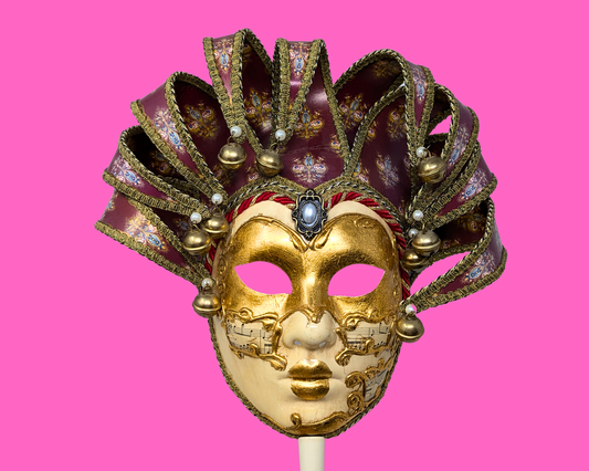 Masque vénitien authentique avec bâton, fabriqué en Italie