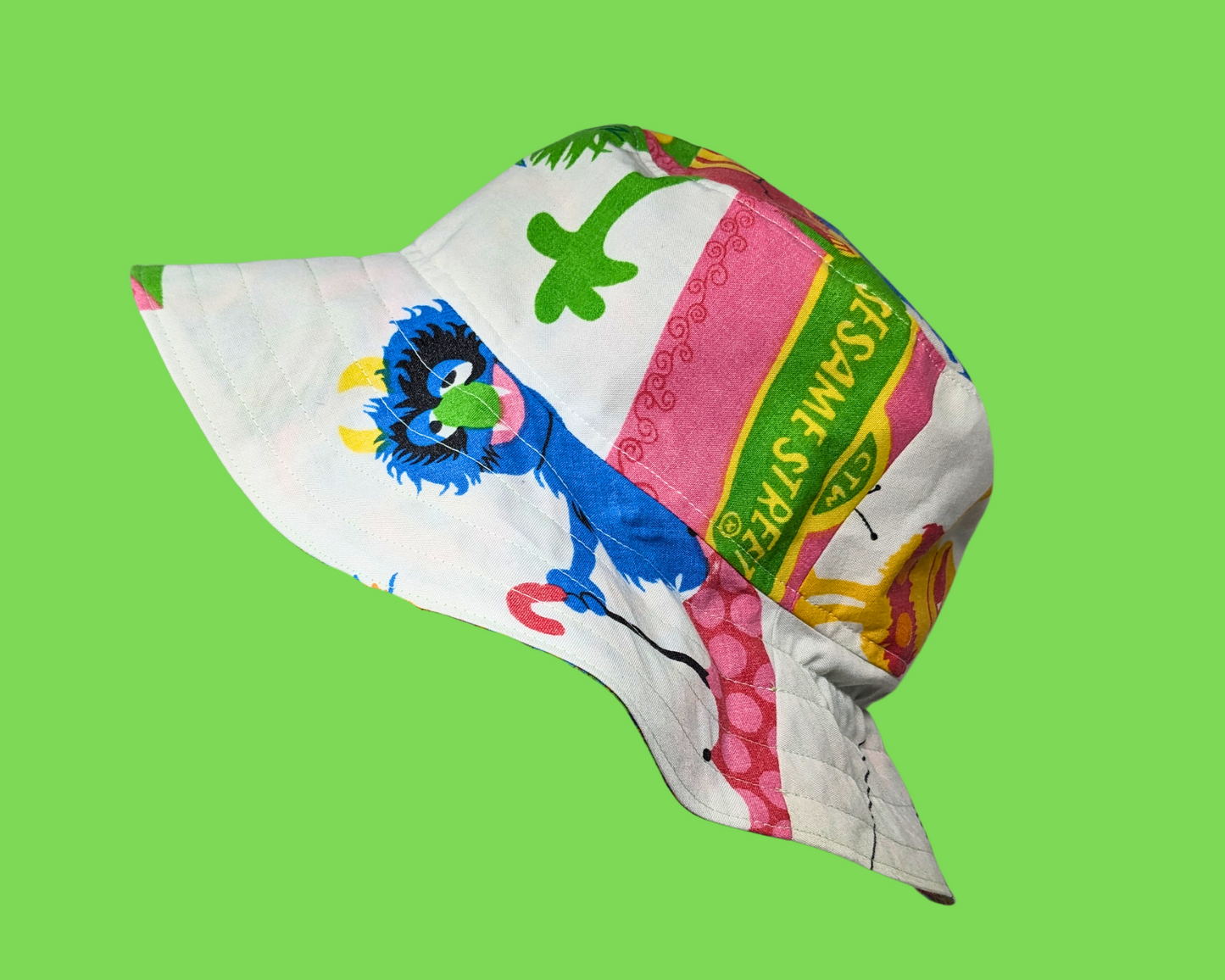 Handmade and Upcycled Vintage Sesame Street Bedsheet Reversible Bucket Hat