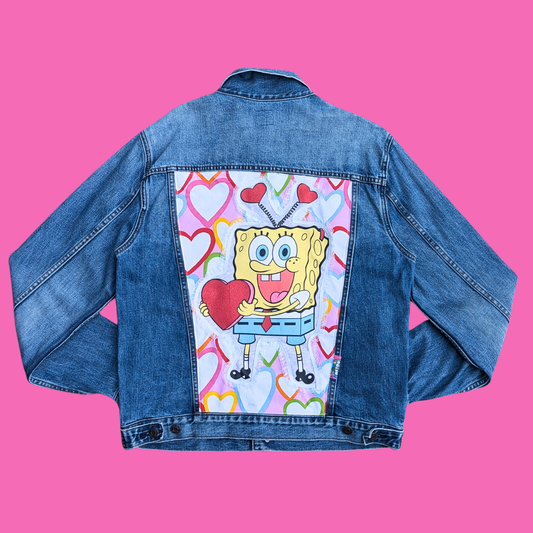 Sponge Bob Square Pants Upcycled T-Shirt Denim Jacket Size M