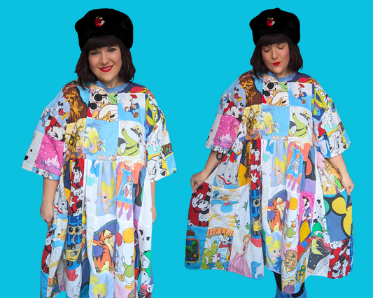 Robe t-shirt patchwork Walt Disney faite main et recyclée, taille 2XL