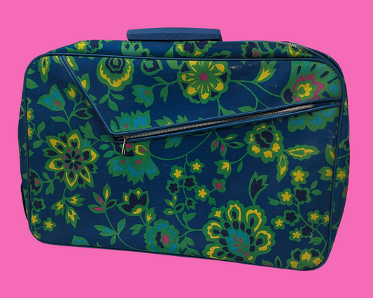 Valise vintage des années 1960, bleue et florale, style groovy et funky