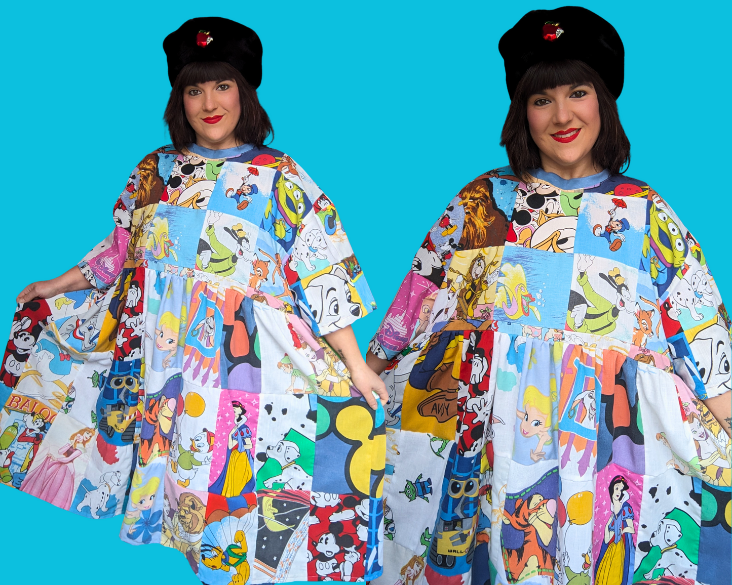 Robe t-shirt patchwork Walt Disney faite main et recyclée, taille 2XL