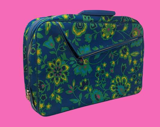 Valise vintage des années 1960, bleue et florale, style groovy et funky