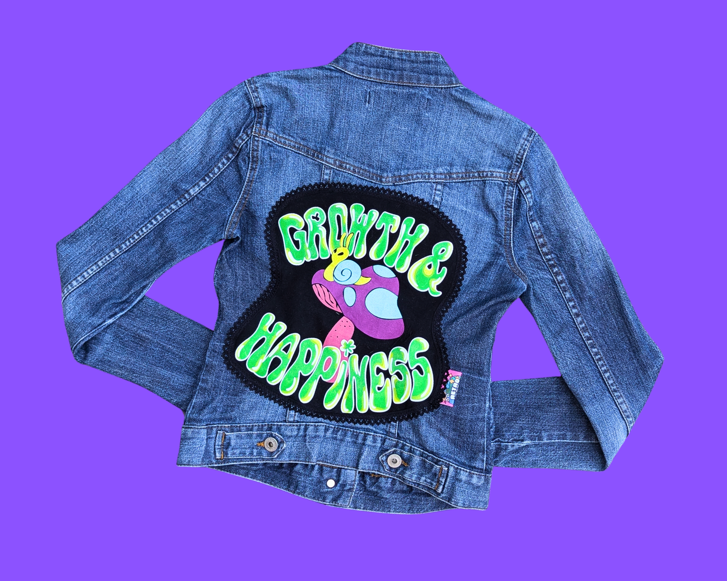 Handmade, Upcycled Growth & Happiness Denim Jacket Size XS
